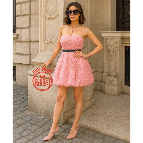 ZARA Textured Strapless Mini Dress NWT | Pink Floral Rosette Balloon Hem - Picture 5 of 16